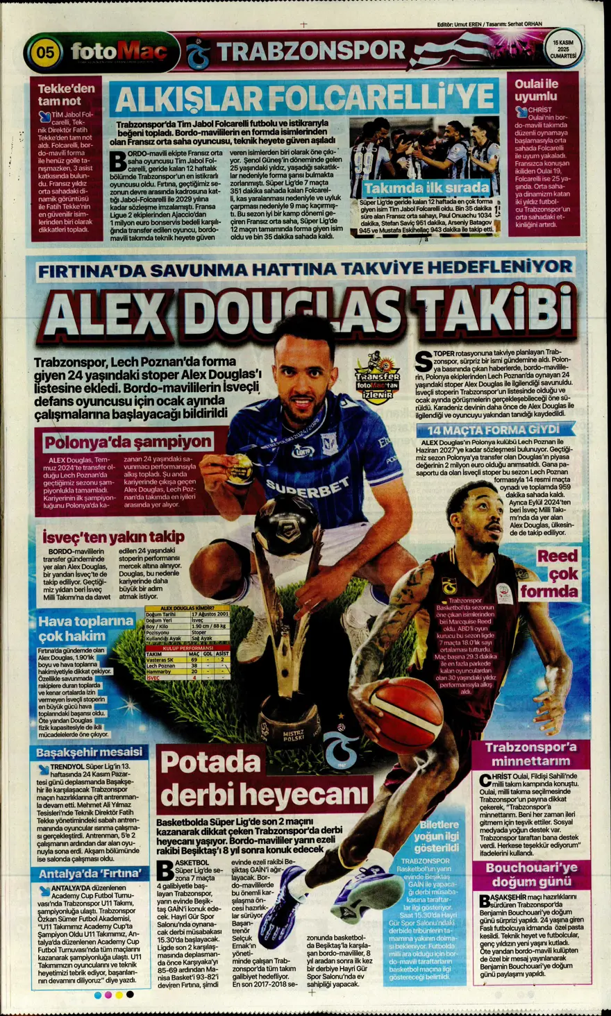 "Parola zafer" (15 Kasım 2025 spor manşetleri) 6