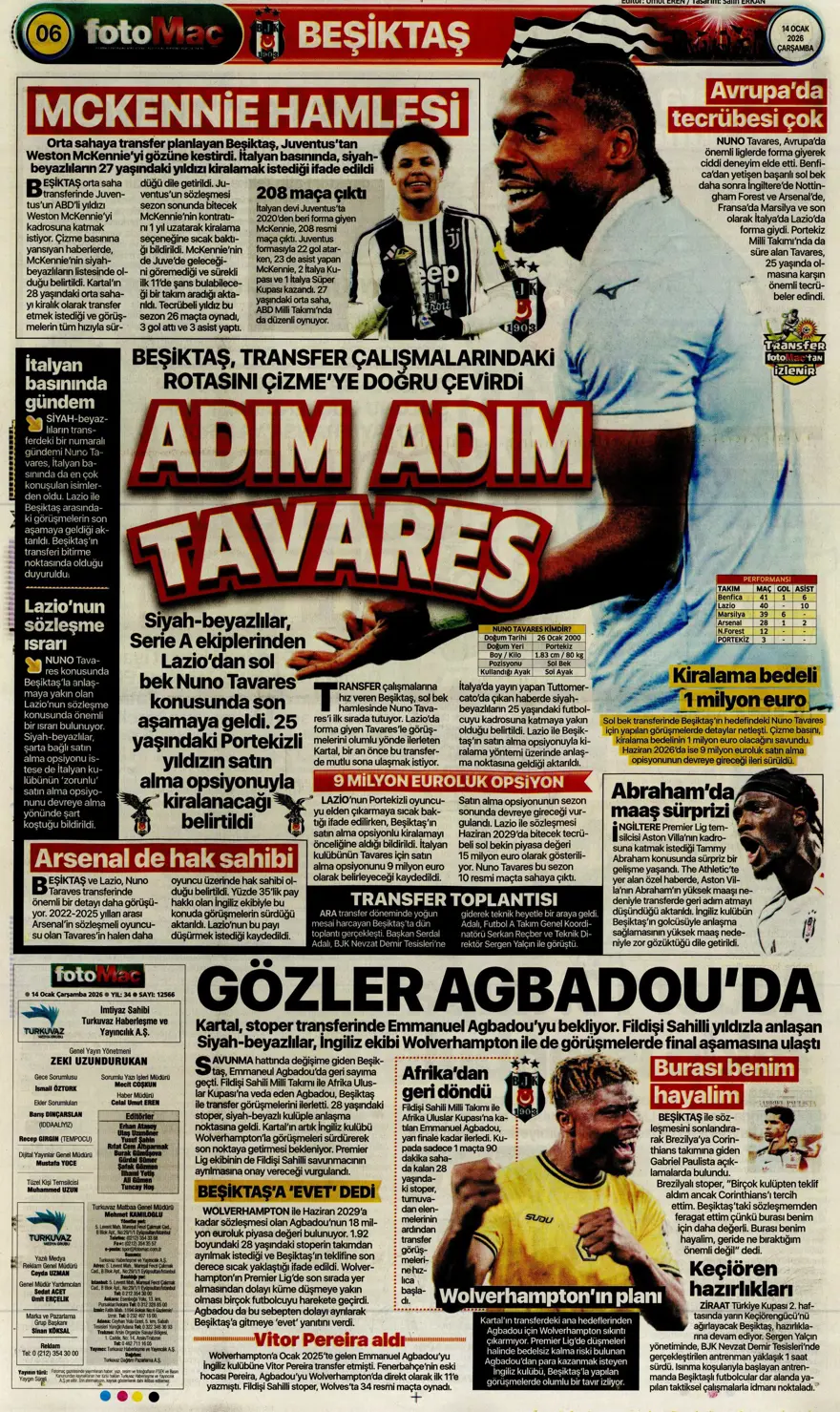 "Fenerbahçe'de Kante haftası" (14 Ocak 2026 spor manşetleri) 6