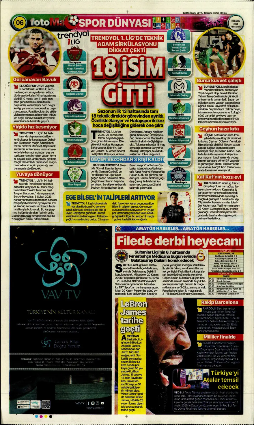 "O bilet gelecek" (20 Kasım 2025 spor manşetleri) 16