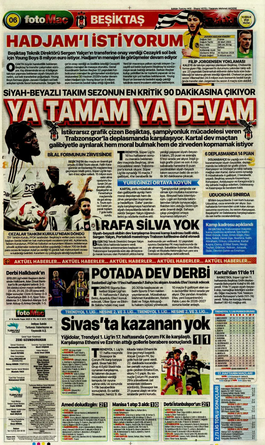 "Derbi ateşi" (14 Aralık 2025 spor manşetleri) 3