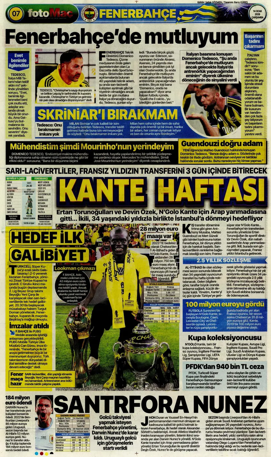 "Fenerbahçe'de Kante haftası" (14 Ocak 2026 spor manşetleri) 