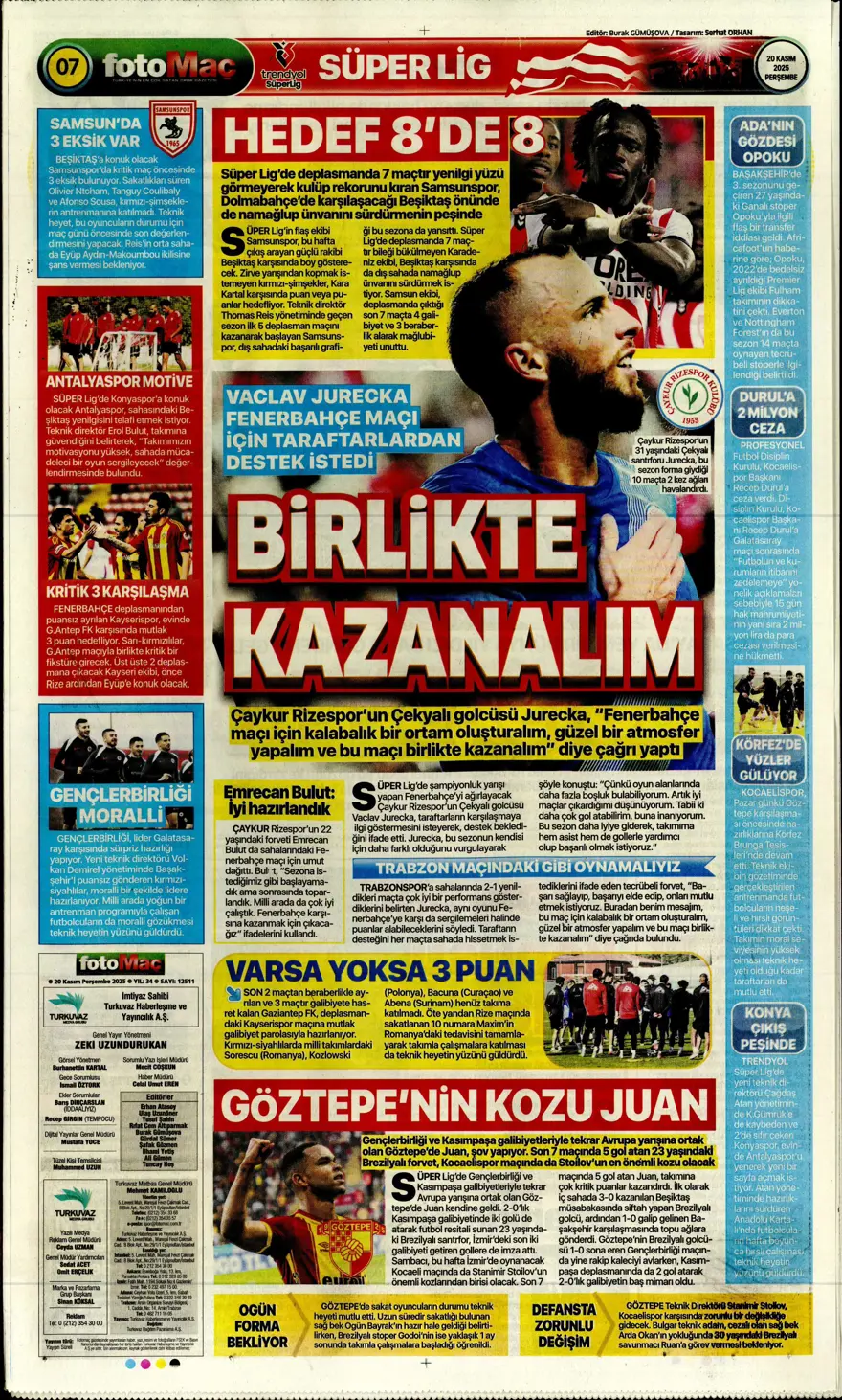 "O bilet gelecek" (20 Kasım 2025 spor manşetleri) 5