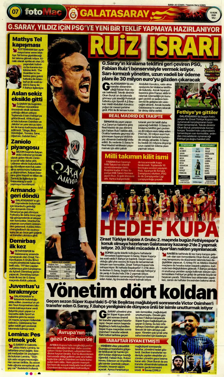 "Aslan'a Ruiz'de dev rakip" (13 Ocak 2026 spor manşetleri) 8
