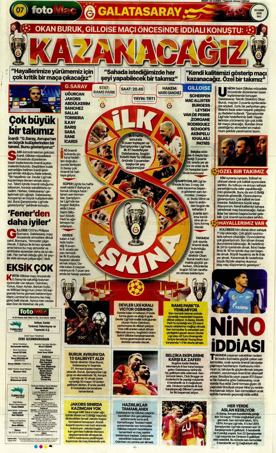 "Aslan'ın yeni avı Union SG" (25 Kasım 2025 spor manşetleri) 7