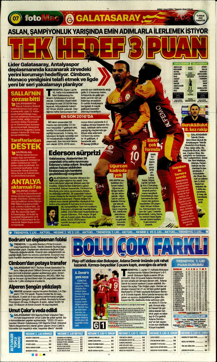 "Avrupa tamam, sıra ligde" (13 Aralık 2025 spor manşetleri) 3