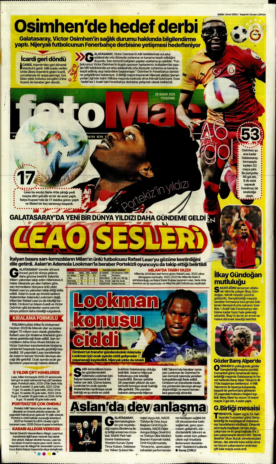 "O bilet gelecek" (20 Kasım 2025 spor manşetleri) 10