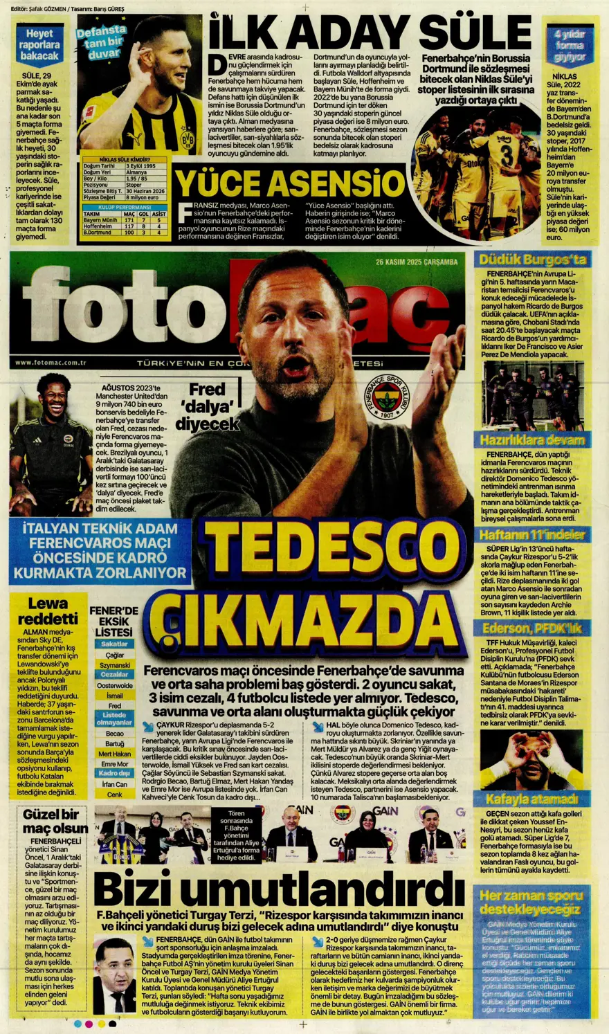 "Aslan fırsat tepti" (26 Kasım 2025 spor manşetleri) 14