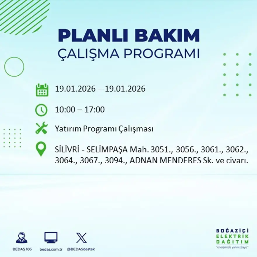İstanbul'un birçok ilçesinde elektrik kesintisi yaşanacak: 8 saat sürecek (19 Ocak BEDAŞ elektrik kesintisi) 26