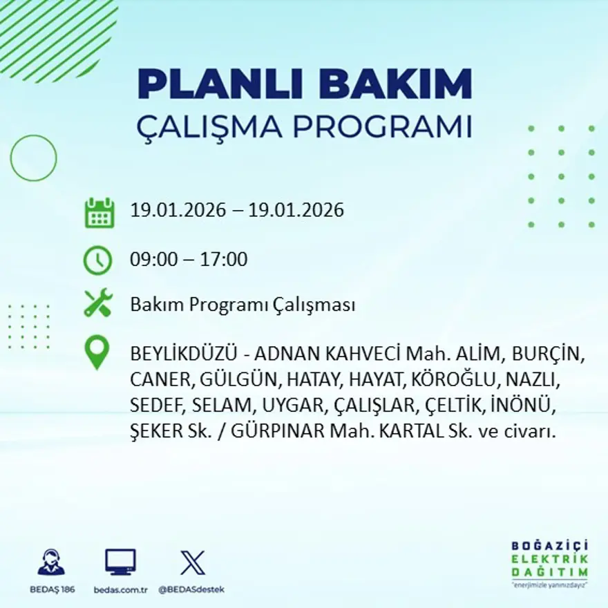 İstanbul'un birçok ilçesinde elektrik kesintisi yaşanacak: 8 saat sürecek (19 Ocak BEDAŞ elektrik kesintisi) 16