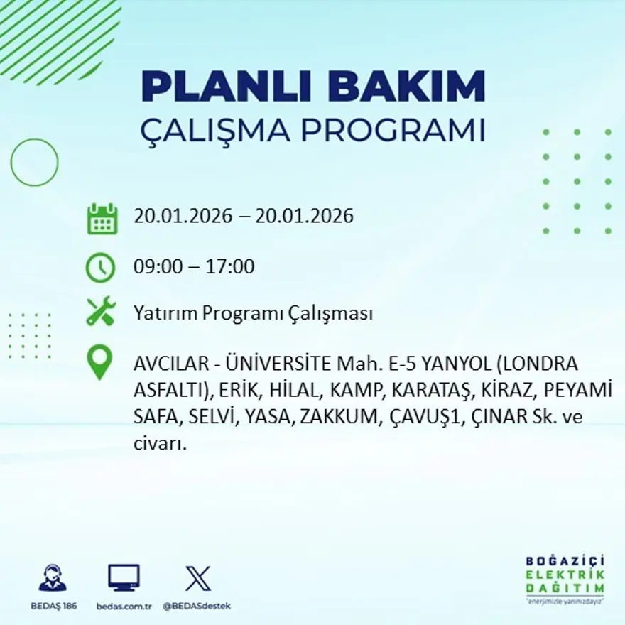 İstanbul'un 25 ilçesinde elektrik kesintisi: Sabah saatlerinde başlayacak, 9 saat sürecek (20 Ocak BEDAŞ elektrik kesintisi) 19