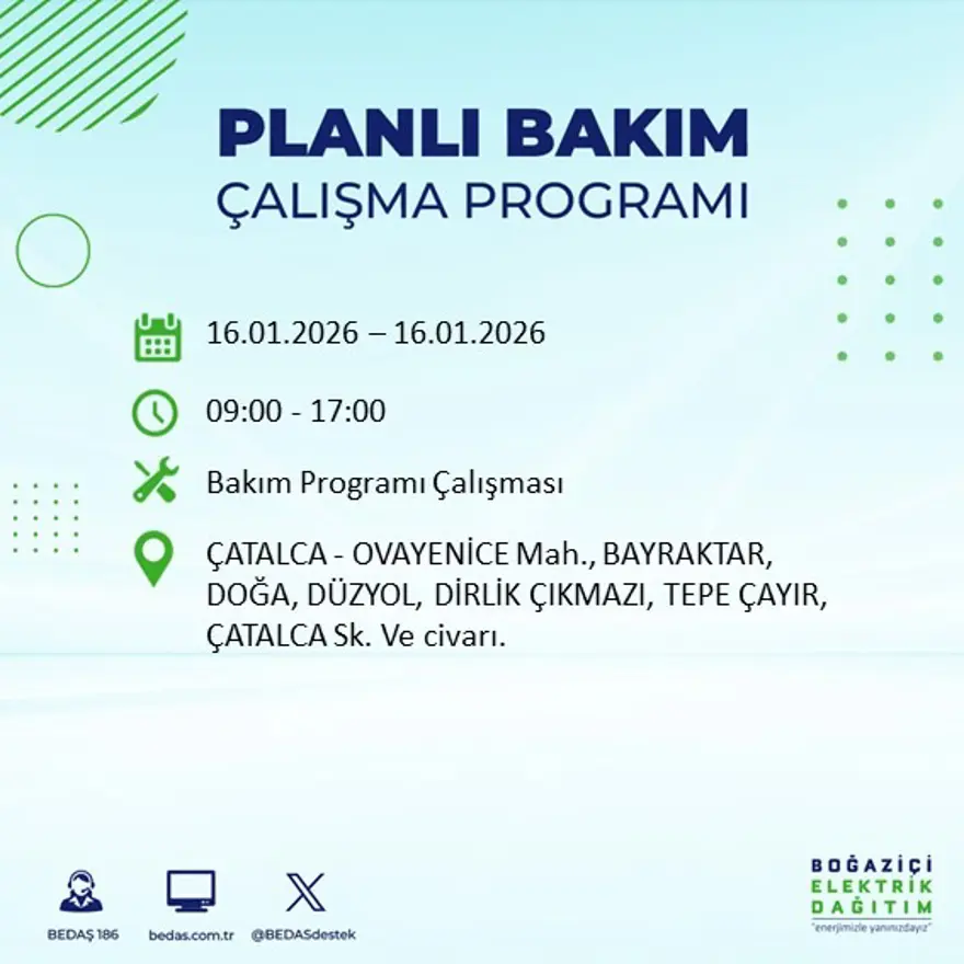 İstanbul'un 22 ilçesinde elektrik kesintisi, 9 saat sürecek (16 Ocak BEDAŞ elektrik kesintisi) 36