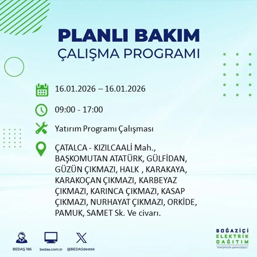 İstanbul'un 22 ilçesinde elektrik kesintisi, 9 saat sürecek (16 Ocak BEDAŞ elektrik kesintisi) 11