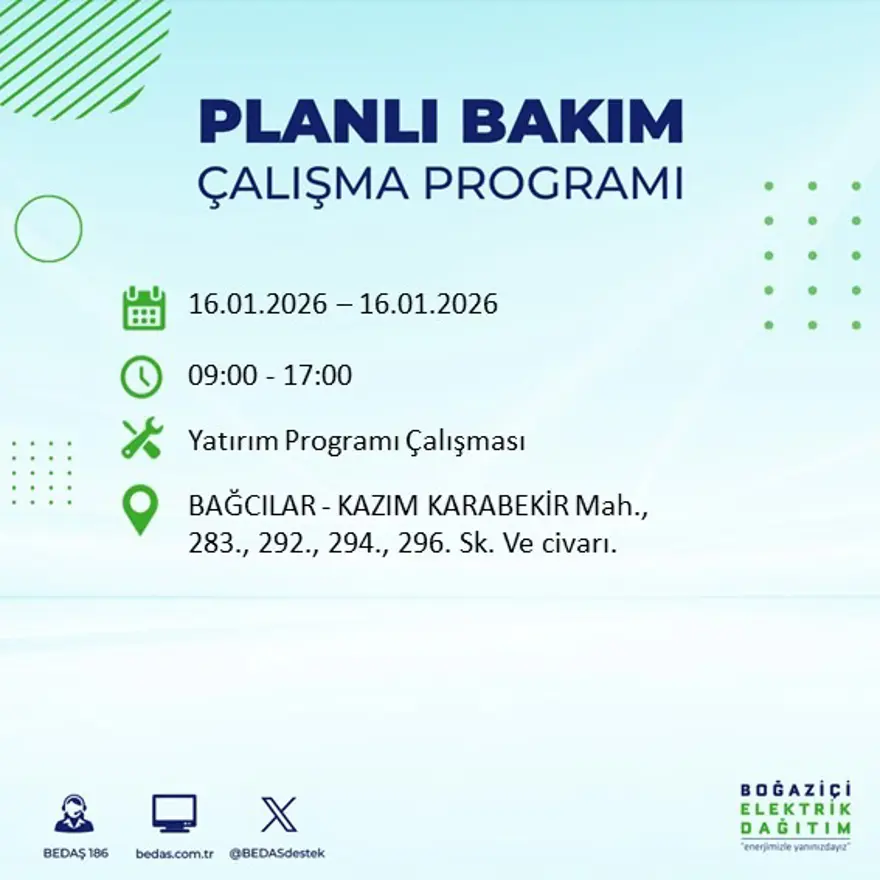 İstanbul'un 22 ilçesinde elektrik kesintisi, 9 saat sürecek (16 Ocak BEDAŞ elektrik kesintisi) 48