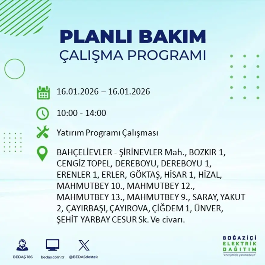 İstanbul'un 22 ilçesinde elektrik kesintisi, 9 saat sürecek (16 Ocak BEDAŞ elektrik kesintisi) 5
