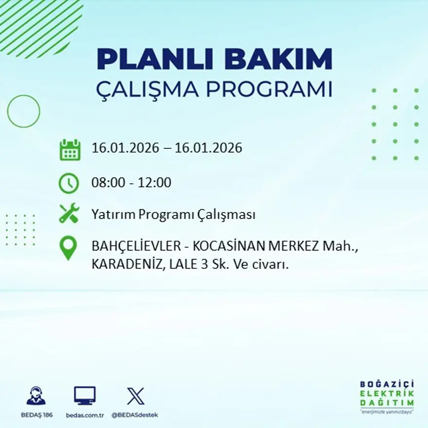 İstanbul'un 22 ilçesinde elektrik kesintisi, 9 saat sürecek (16 Ocak BEDAŞ elektrik kesintisi) 44