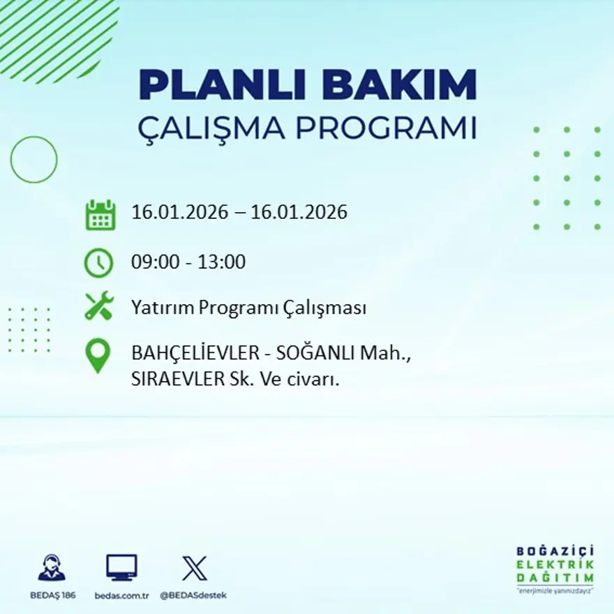 İstanbul'un 22 ilçesinde elektrik kesintisi, 9 saat sürecek (16 Ocak BEDAŞ elektrik kesintisi) 58