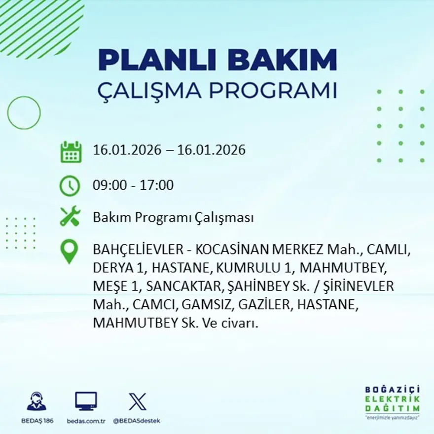 İstanbul'un 22 ilçesinde elektrik kesintisi, 9 saat sürecek (16 Ocak BEDAŞ elektrik kesintisi) 15