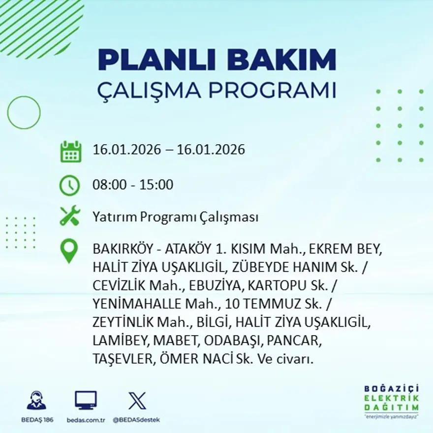 İstanbul'un 22 ilçesinde elektrik kesintisi, 9 saat sürecek (16 Ocak BEDAŞ elektrik kesintisi) 8