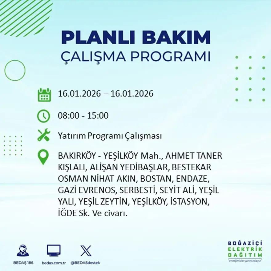 İstanbul'un 22 ilçesinde elektrik kesintisi, 9 saat sürecek (16 Ocak BEDAŞ elektrik kesintisi) 12