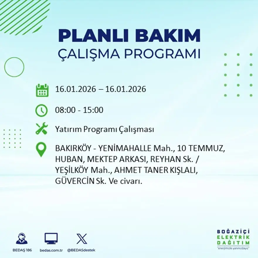 İstanbul'un 22 ilçesinde elektrik kesintisi, 9 saat sürecek (16 Ocak BEDAŞ elektrik kesintisi) 24