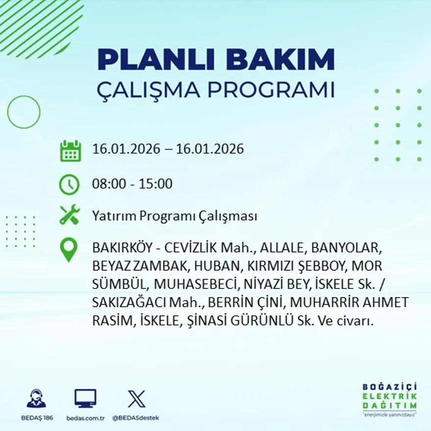 İstanbul'un 22 ilçesinde elektrik kesintisi, 9 saat sürecek (16 Ocak BEDAŞ elektrik kesintisi) 10