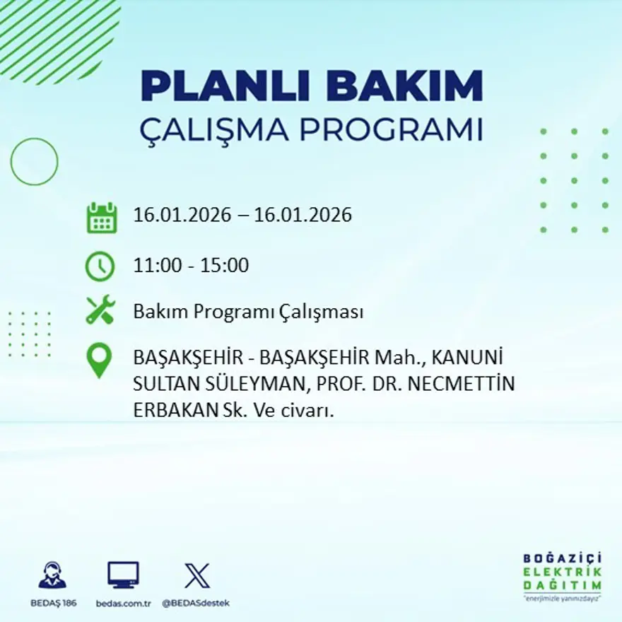 İstanbul'un 22 ilçesinde elektrik kesintisi, 9 saat sürecek (16 Ocak BEDAŞ elektrik kesintisi) 35