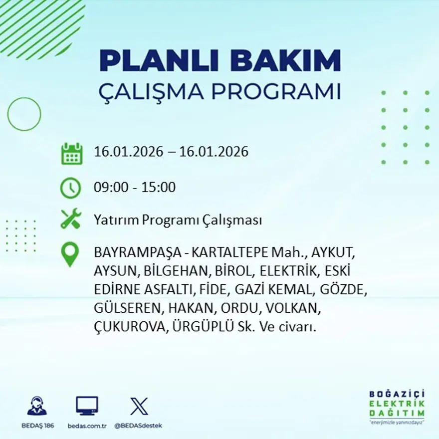 İstanbul'un 22 ilçesinde elektrik kesintisi, 9 saat sürecek (16 Ocak BEDAŞ elektrik kesintisi) 17