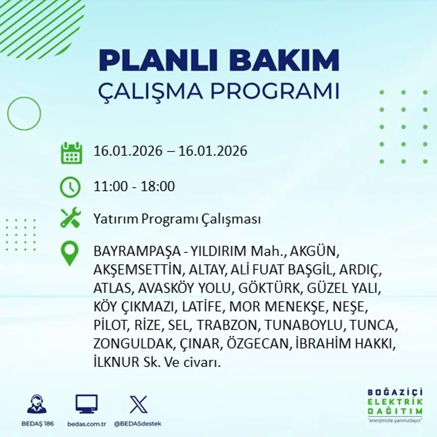 İstanbul'un 22 ilçesinde elektrik kesintisi, 9 saat sürecek (16 Ocak BEDAŞ elektrik kesintisi) 7