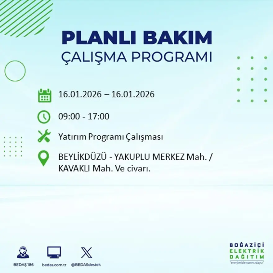 İstanbul'un 22 ilçesinde elektrik kesintisi, 9 saat sürecek (16 Ocak BEDAŞ elektrik kesintisi) 54