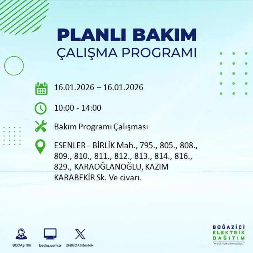 İstanbul'un 22 ilçesinde elektrik kesintisi, 9 saat sürecek (16 Ocak BEDAŞ elektrik kesintisi) 29