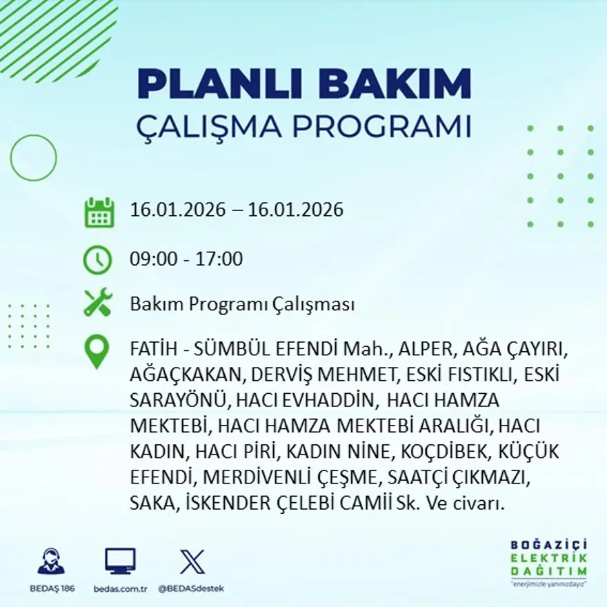 İstanbul'un 22 ilçesinde elektrik kesintisi, 9 saat sürecek (16 Ocak BEDAŞ elektrik kesintisi) 2
