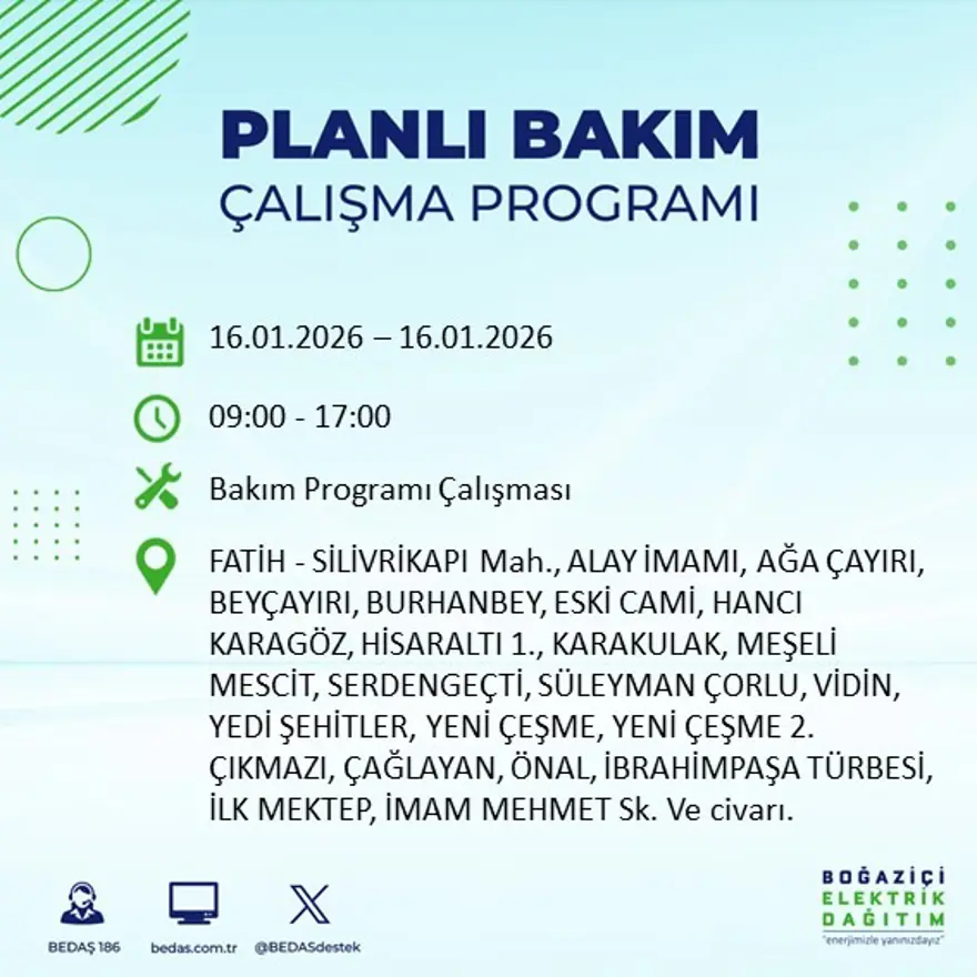 İstanbul'un 22 ilçesinde elektrik kesintisi, 9 saat sürecek (16 Ocak BEDAŞ elektrik kesintisi) 3