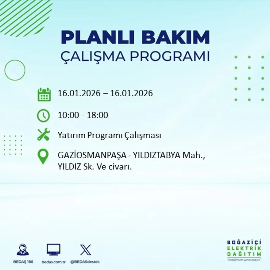 İstanbul'un 22 ilçesinde elektrik kesintisi, 9 saat sürecek (16 Ocak BEDAŞ elektrik kesintisi) 57