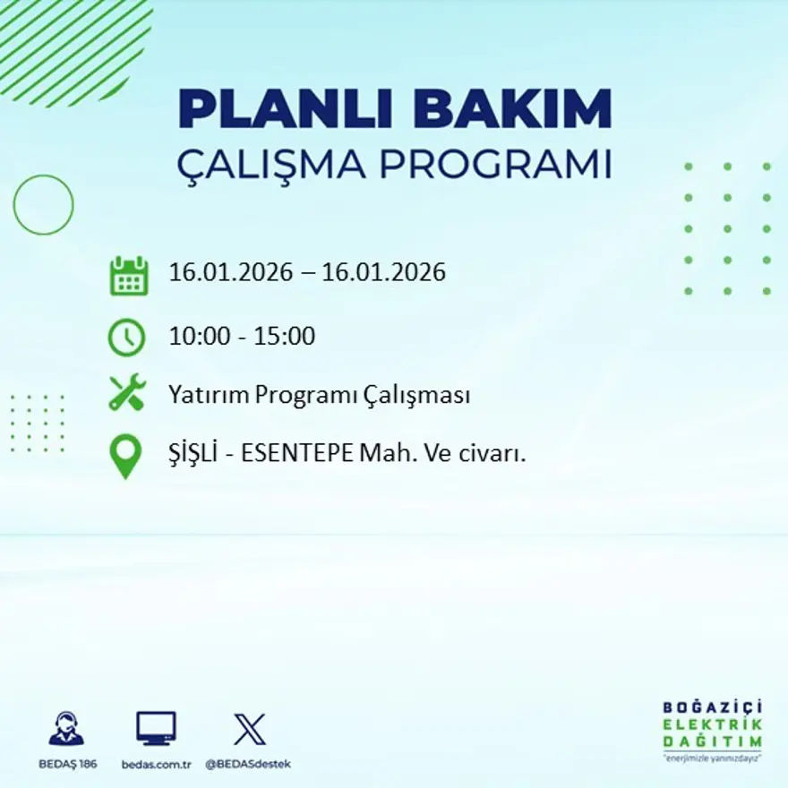 İstanbul'un 22 ilçesinde elektrik kesintisi, 9 saat sürecek (16 Ocak BEDAŞ elektrik kesintisi) 68