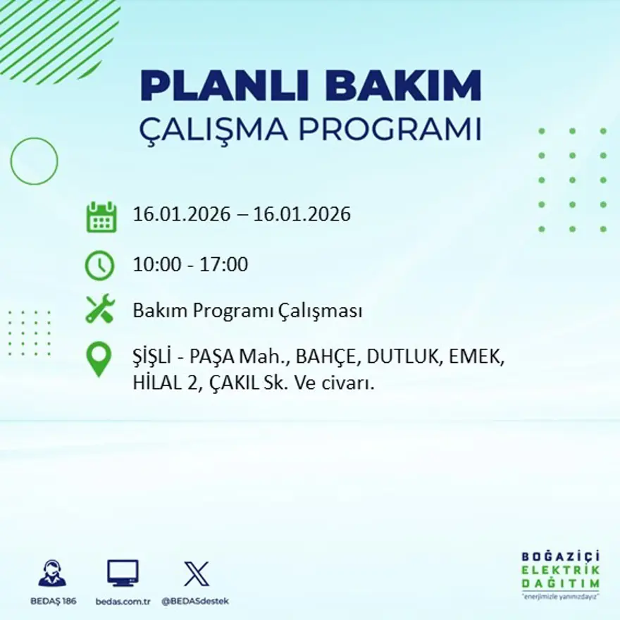 İstanbul'un 22 ilçesinde elektrik kesintisi, 9 saat sürecek (16 Ocak BEDAŞ elektrik kesintisi) 52