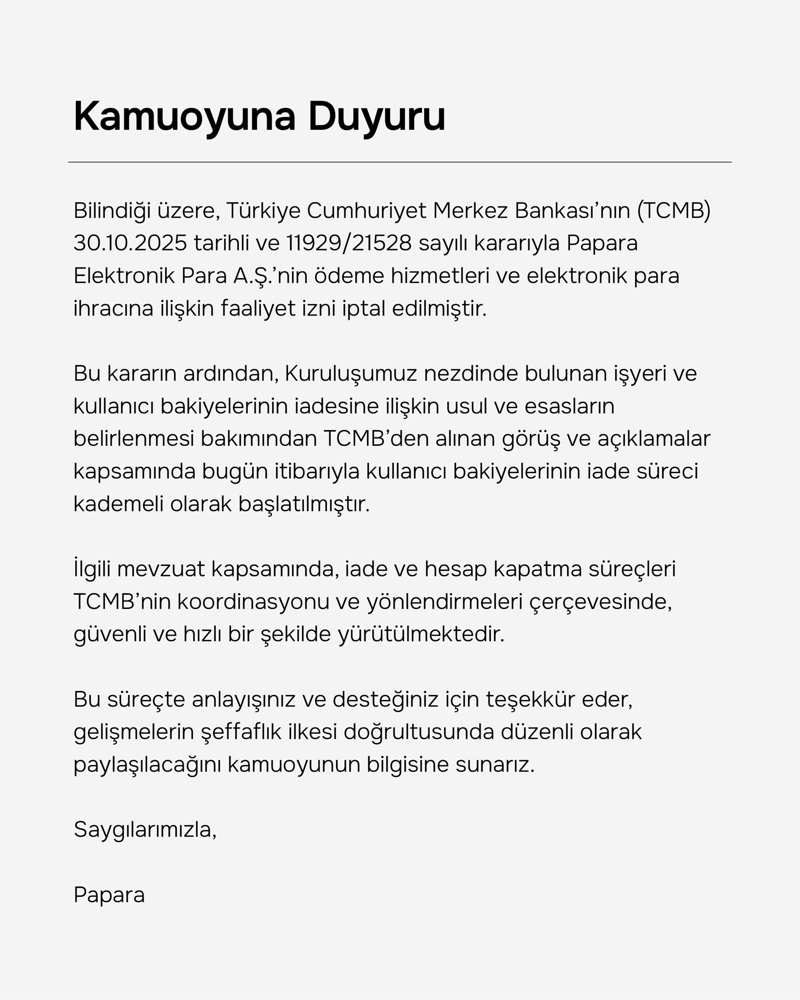 PAPARA'DAN AÇIKLAMA 1