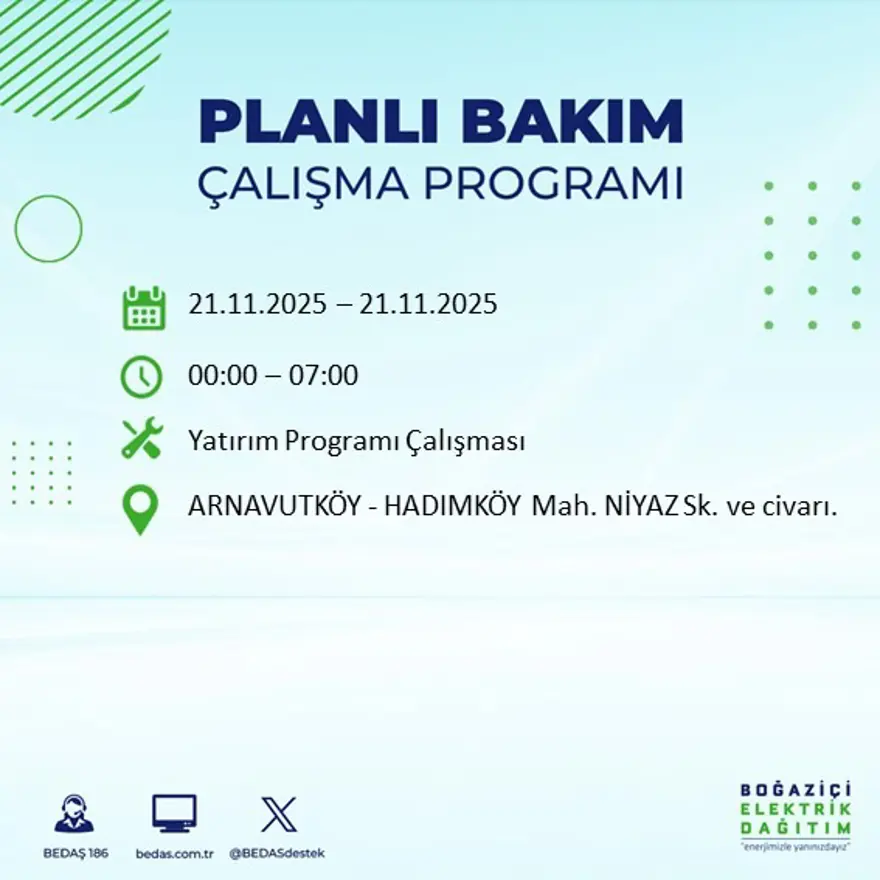 Birçok ilçede uygulanacak: İstanbul'un 22 ilçesinde elektrik kesintisi (21 Kasım BEDAŞ kesinti programı) 30