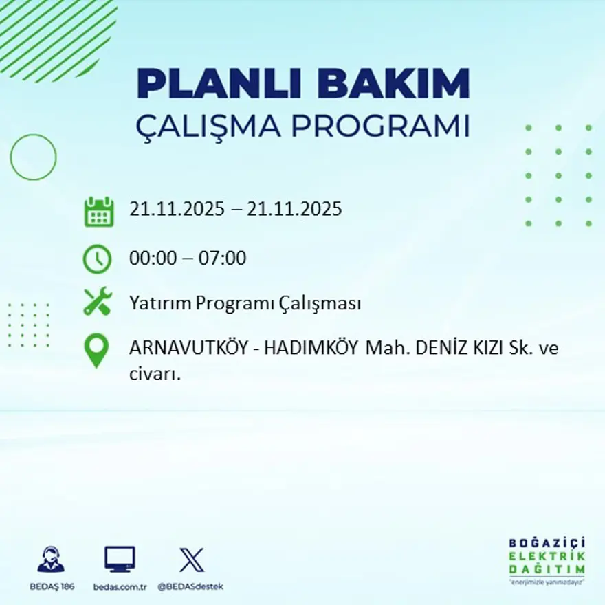 Birçok ilçede uygulanacak: İstanbul'un 22 ilçesinde elektrik kesintisi (21 Kasım BEDAŞ kesinti programı) 27