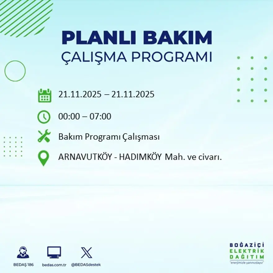 Birçok ilçede uygulanacak: İstanbul'un 22 ilçesinde elektrik kesintisi (21 Kasım BEDAŞ kesinti programı) 35