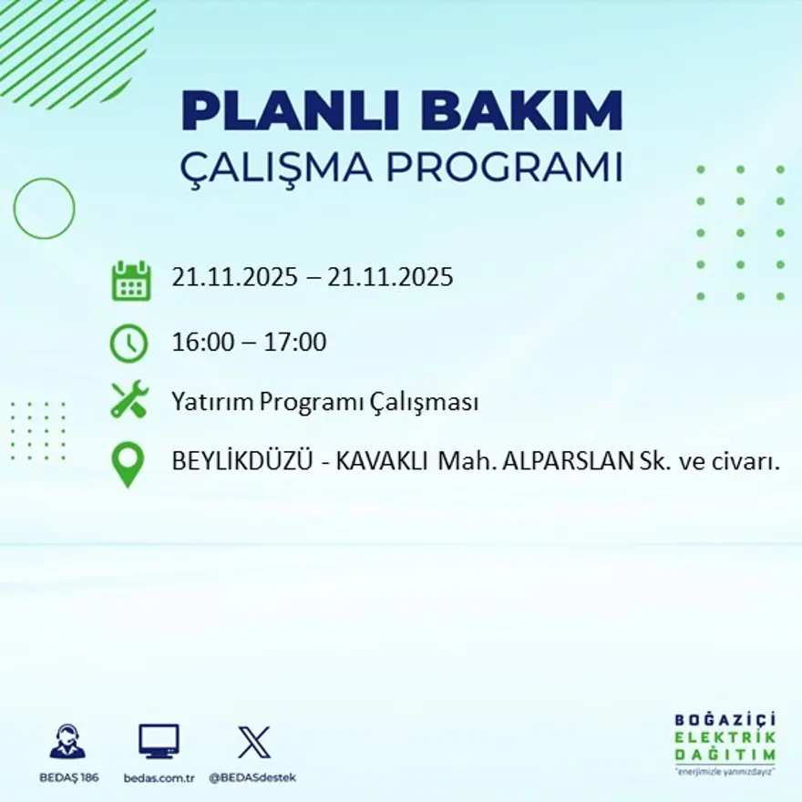 Birçok ilçede uygulanacak: İstanbul'un 22 ilçesinde elektrik kesintisi (21 Kasım BEDAŞ kesinti programı) 29