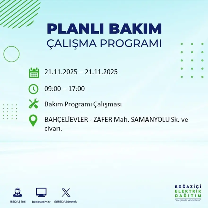 Birçok ilçede uygulanacak: İstanbul'un 22 ilçesinde elektrik kesintisi (21 Kasım BEDAŞ kesinti programı) 28