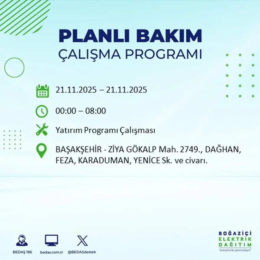 Birçok ilçede uygulanacak: İstanbul'un 22 ilçesinde elektrik kesintisi (21 Kasım BEDAŞ kesinti programı) 17