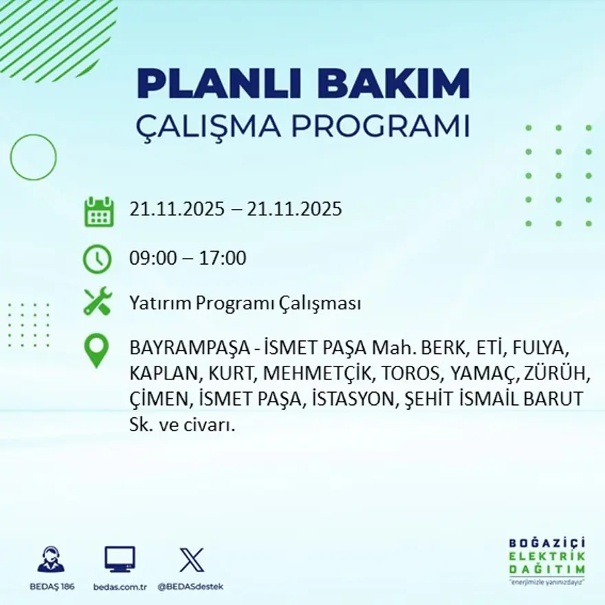 Birçok ilçede uygulanacak: İstanbul'un 22 ilçesinde elektrik kesintisi (21 Kasım BEDAŞ kesinti programı) 8