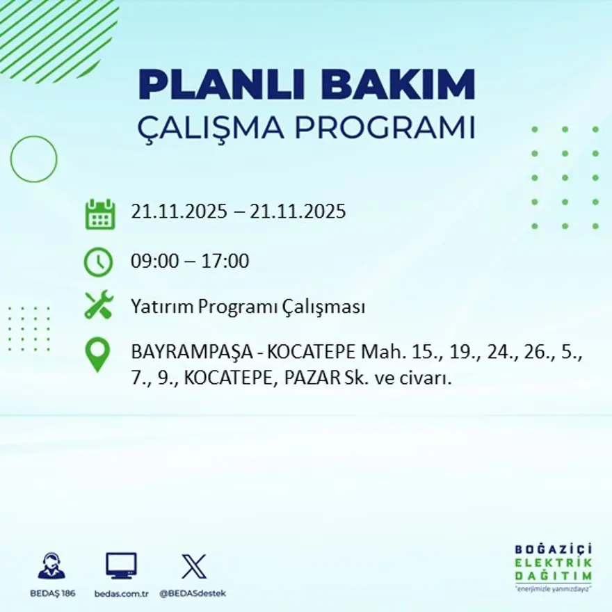 Birçok ilçede uygulanacak: İstanbul'un 22 ilçesinde elektrik kesintisi (21 Kasım BEDAŞ kesinti programı) 18