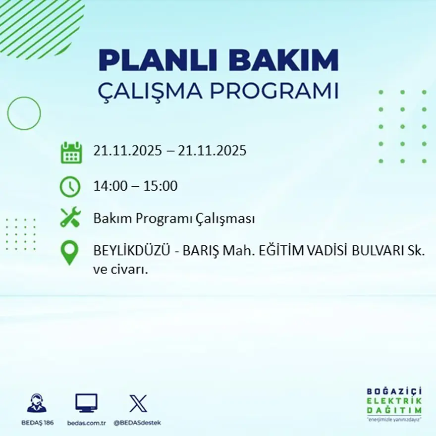 Birçok ilçede uygulanacak: İstanbul'un 22 ilçesinde elektrik kesintisi (21 Kasım BEDAŞ kesinti programı) 91