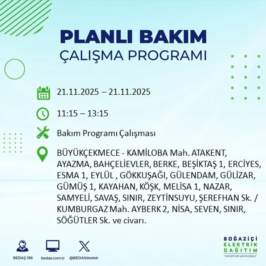 Birçok ilçede uygulanacak: İstanbul'un 22 ilçesinde elektrik kesintisi (21 Kasım BEDAŞ kesinti programı) 42