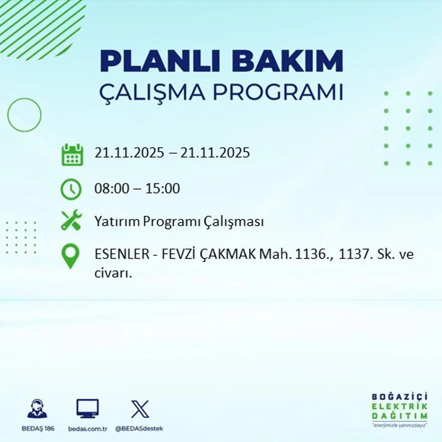 Birçok ilçede uygulanacak: İstanbul'un 22 ilçesinde elektrik kesintisi (21 Kasım BEDAŞ kesinti programı) 94
