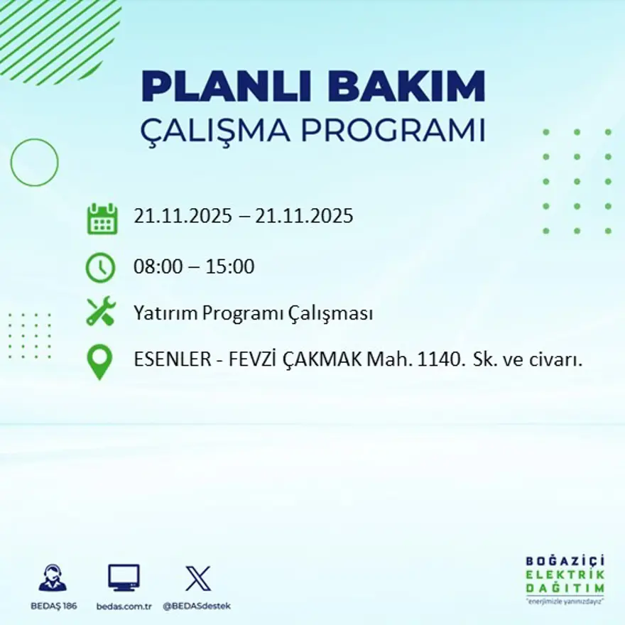Birçok ilçede uygulanacak: İstanbul'un 22 ilçesinde elektrik kesintisi (21 Kasım BEDAŞ kesinti programı) 98