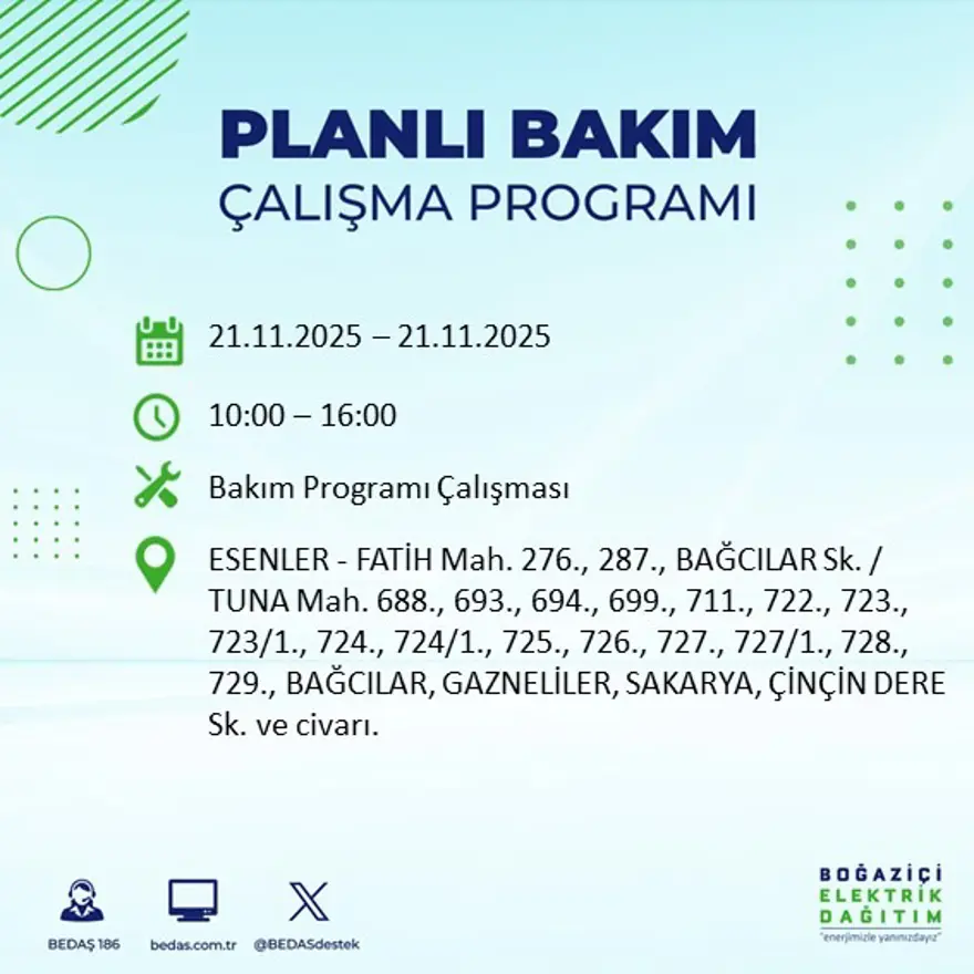 Birçok ilçede uygulanacak: İstanbul'un 22 ilçesinde elektrik kesintisi (21 Kasım BEDAŞ kesinti programı) 54