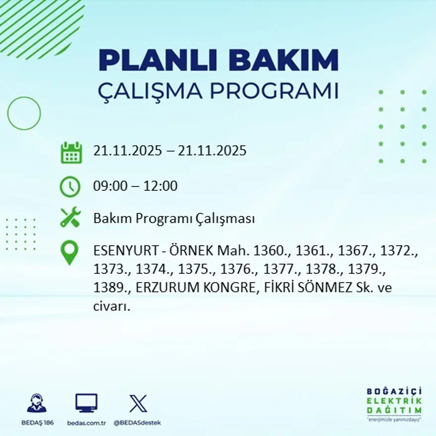 Birçok ilçede uygulanacak: İstanbul'un 22 ilçesinde elektrik kesintisi (21 Kasım BEDAŞ kesinti programı) 59